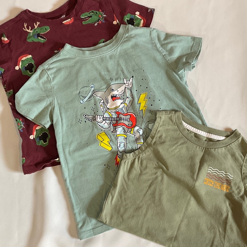 Kids Graphic Tees - Green Shark Guitar & Olive Pocket Styles